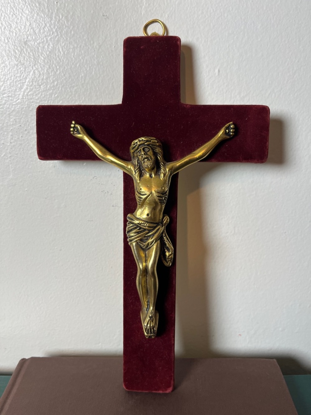 Antique Solid Brass Jesus Crucifix on Red Velvet Cross Wall‎ Hanging Portugal